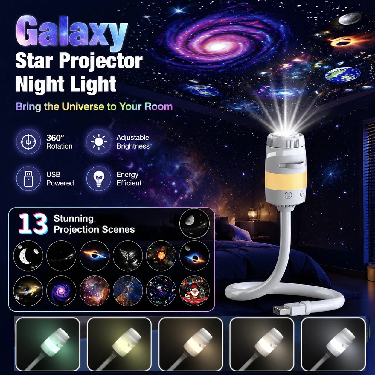 New Mini USB Galaxy Star Projector Night Light 360° Rotate Multiple Scenes Adjustable LED Starry Sky Ambient Lamp Home Decor