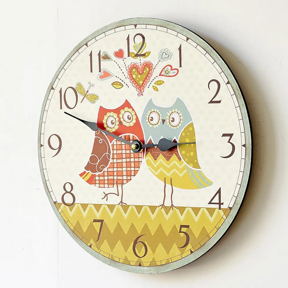 Wooden wall clock with owl pairs pattern, 1 piece, for living room, bedroom, office, hanging decorative clock, cartoon clock, home decoration