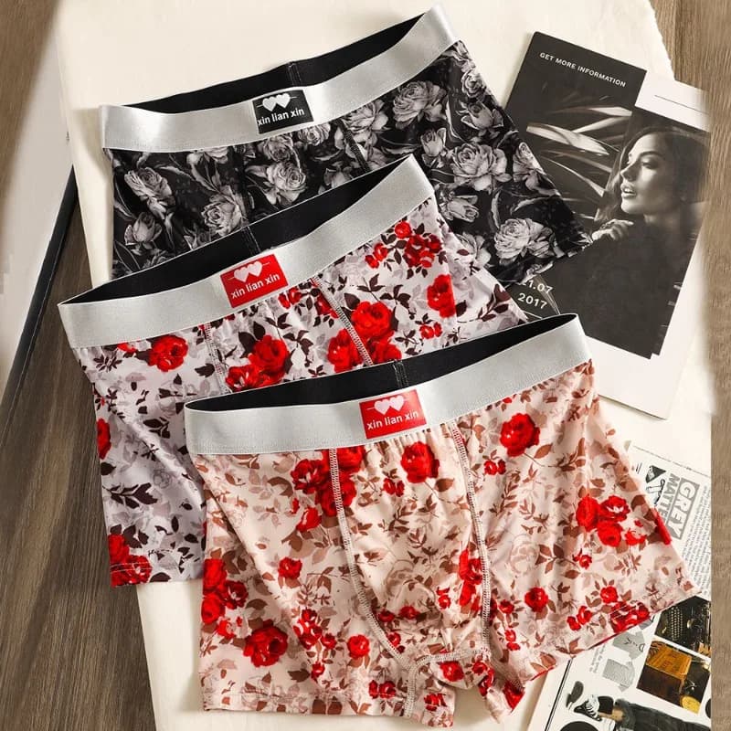 New Ice Silk Men's Underwear with American Rose Print, Soft, Comfortable, Stylish, Plus Size Boxer Briefs with Mid-Rise Waist
