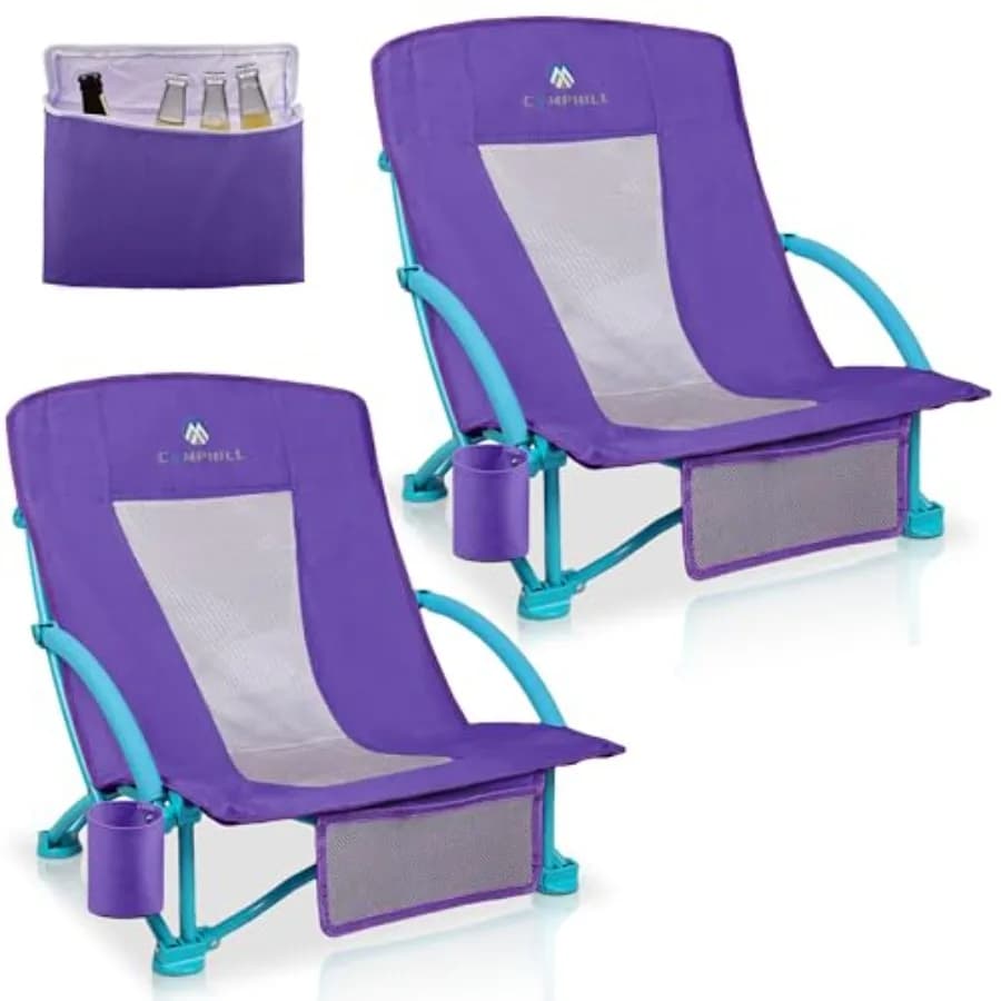 Sedie da Spiaggia per Adulti, Confezione da 2, Sedie Pieghevoli Robuste da Campeggio con Schienale Basso, Borsa Termica, Schienale in Rete, Portabicchieri e Borsa Portaoggetti