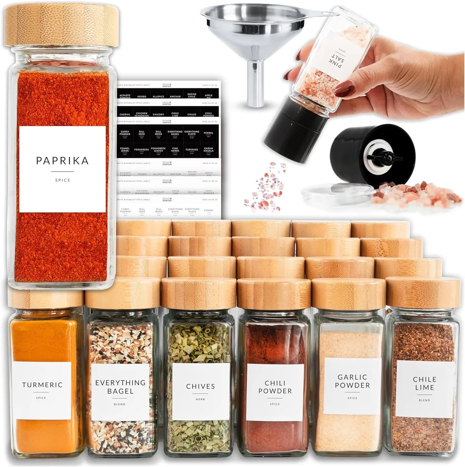 Set di 24 Barattoli in Vetro per Spezie con Etichette, Coperchi in Bambù da 4oz, 374 Adesivi, Macinino e Imbuto