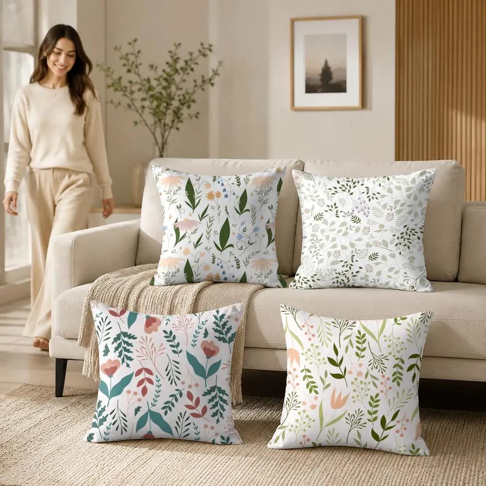 Botanical Pattern Cushion Cover Silky Short Plush Invisible Zipper Dustproof Sofa Pillow Case For Home Decor