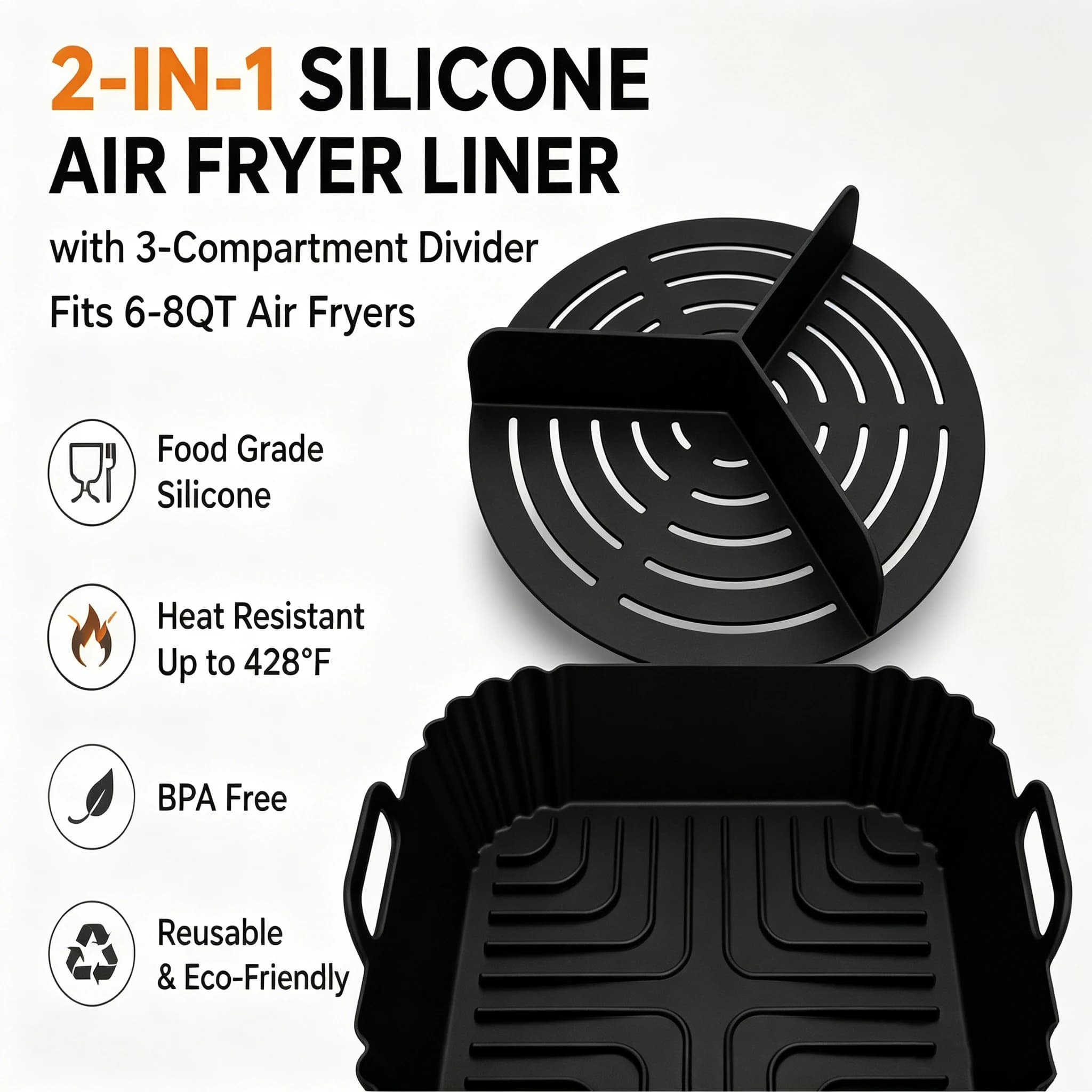 2-in-1 Silicone Air Fryer Liner with 3-Compartment Divider Reusable Non-Stick Air Fryer Cook Different Dishes Non-Stick Kitchen