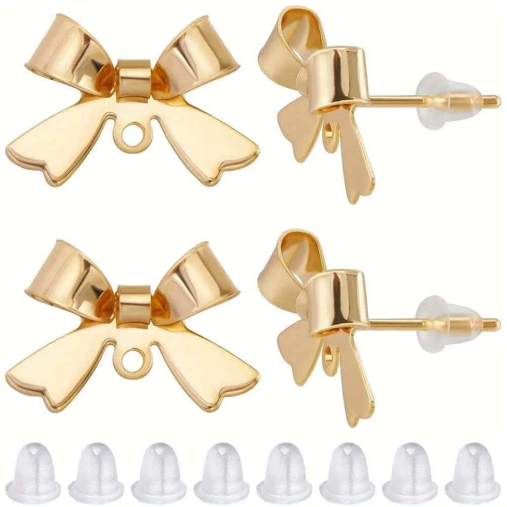 Orecchini a bottone con fiocco da 20 pezzi + 100 tappi per le orecchie in silicone: accessori in ottone dorato, orecchini pendenti leggeri, forniture fai da te