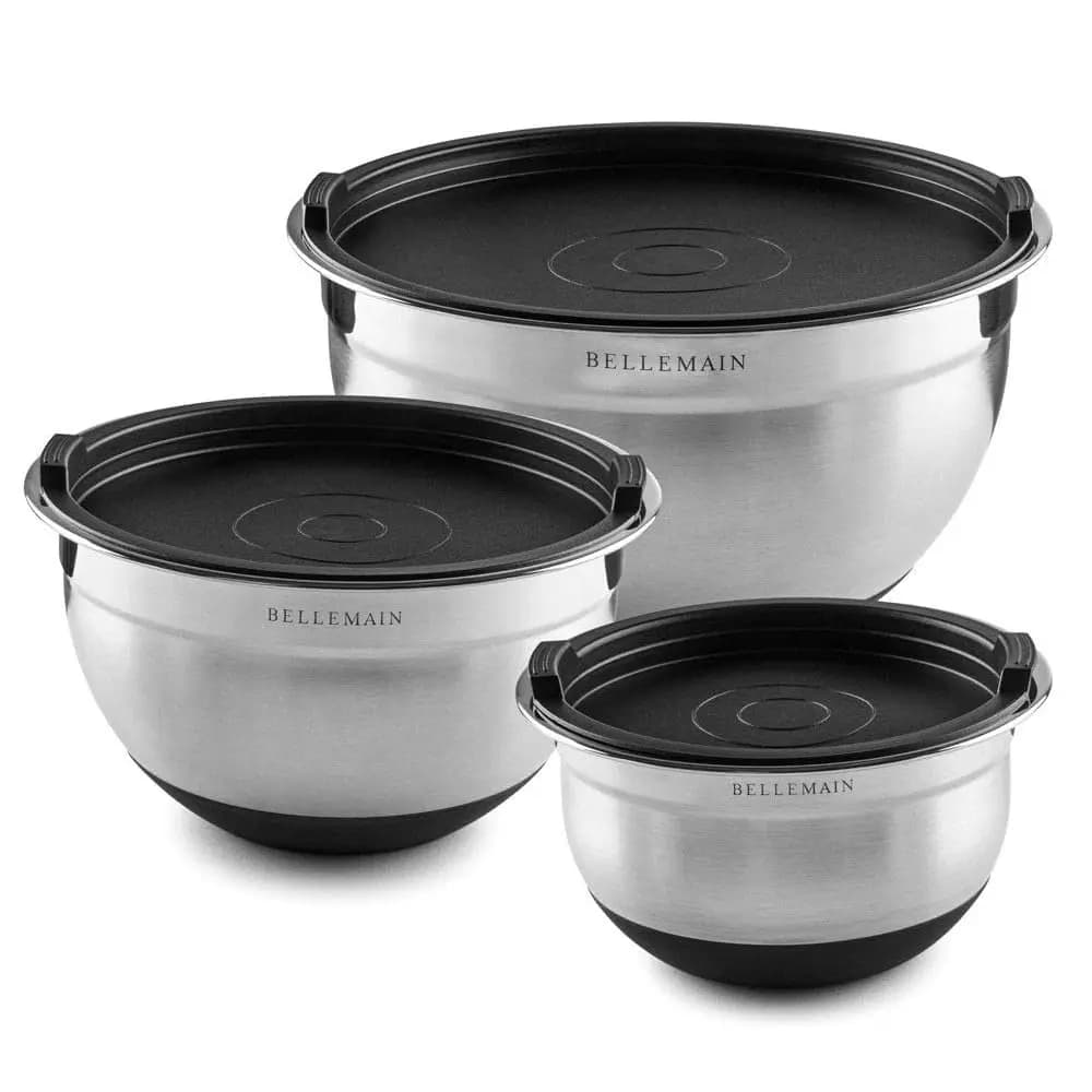 Set di Ciotole per Mescolare con Coperchi - Ciotole in Acciaio Inox con Coperchi Ermetici - Contenitori per Alimenti - Set da 3 Pezzi con Fondo Antiscivolo