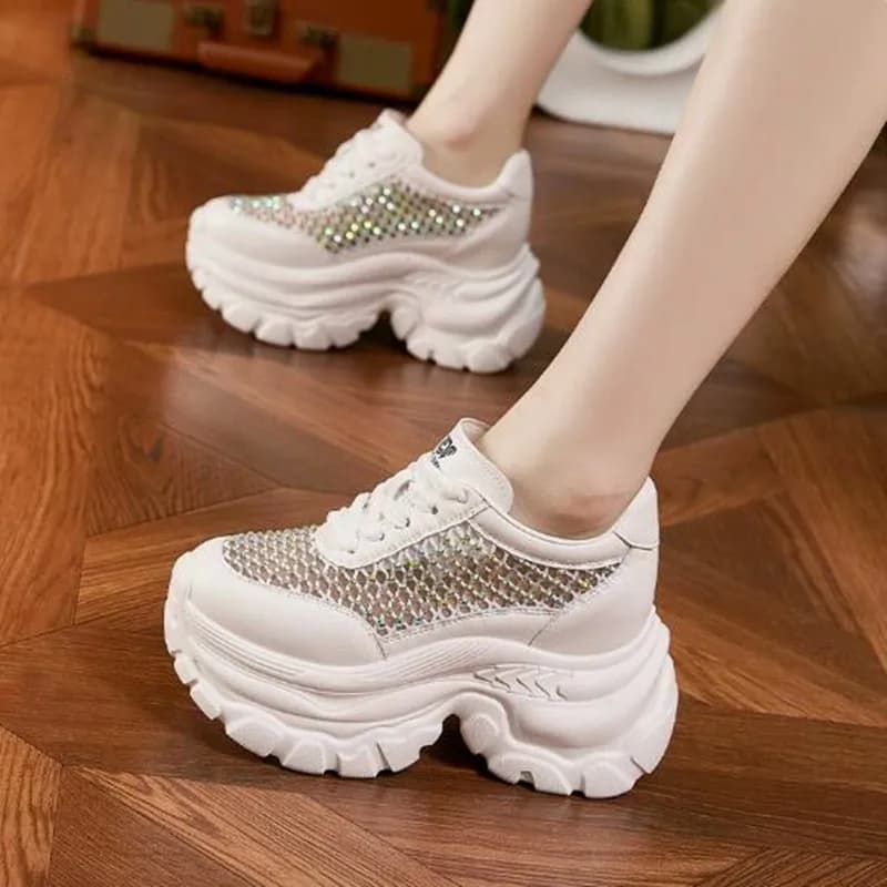 9cm Air Mesh Microfiber Leather 2026 Luxury Summer Bling Bling Fashion Ankle Boots Hollow Chunky Sneakers Vulcanize Women Shoes