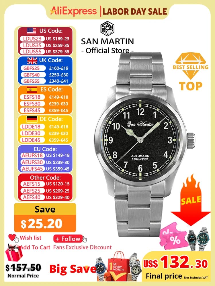 Orologio da uomo San Martin Pilot Watch 37mm Orologio al quarzo Orologio militare da campo Stile semplice RONDA 715/6004 Orologio da polso 10 Bar Luminoso SN0034