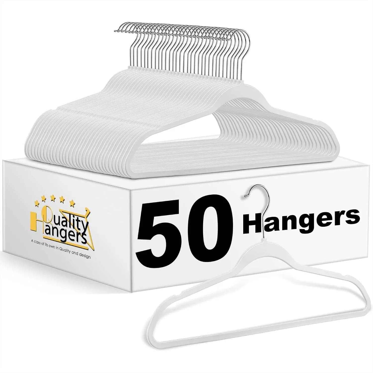 Plastic Hangers 50 Pack Heavy Duty for Clothes - Space-Saving Closet with Chrome Swivel Hook, Non-Flocked Cream White