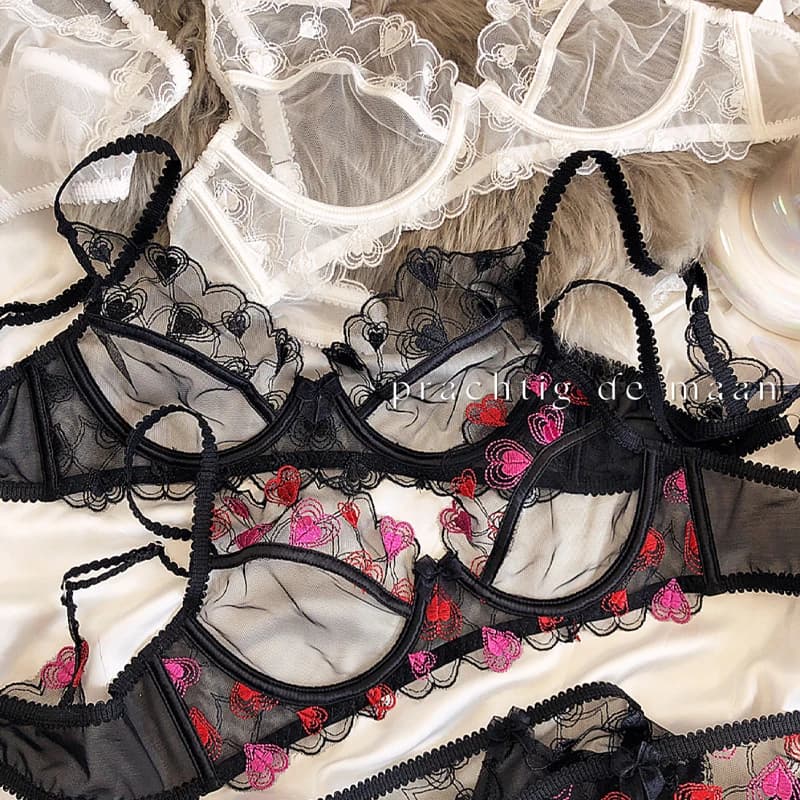 Set di lingerie da donna Set di reggiseno in pizzo ultra sottile Biancheria intima trasparente sexy Reggiseno a cuore con ricamo romantico Bralette francese femminile