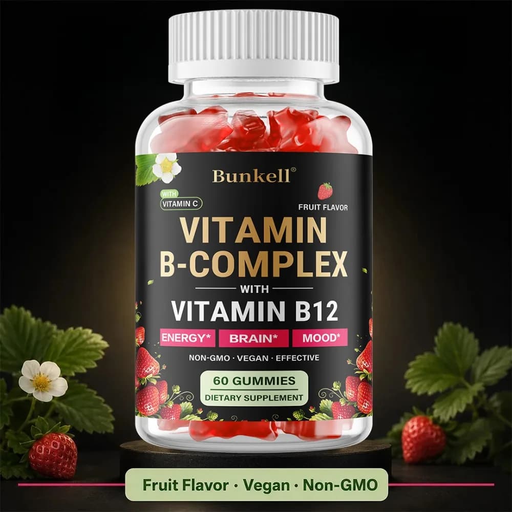 Vitamin B Complex Gummies Plus Vitamin C, 60 Gummies with B12, Biotin, Niacin, & Folate | Adult Supplement for Energy Metabolism