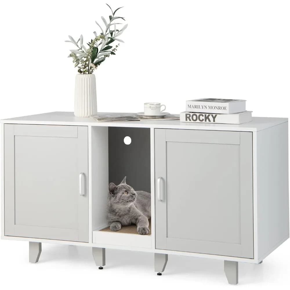 Mobiletto per 2 Lettiere, WC per Gatti Nascosto, Tavolino Porta TV con 2 Armadietti, Tiragraffi per Gatti