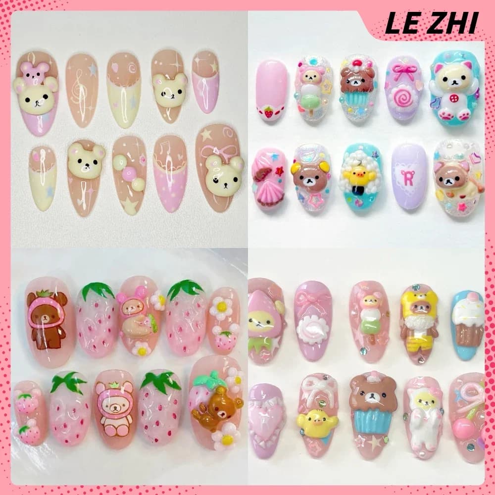 3D Hand-made Rilakkuma Press On Nail Art Cute short portable strawberry complete cover nail sticker customizable girls