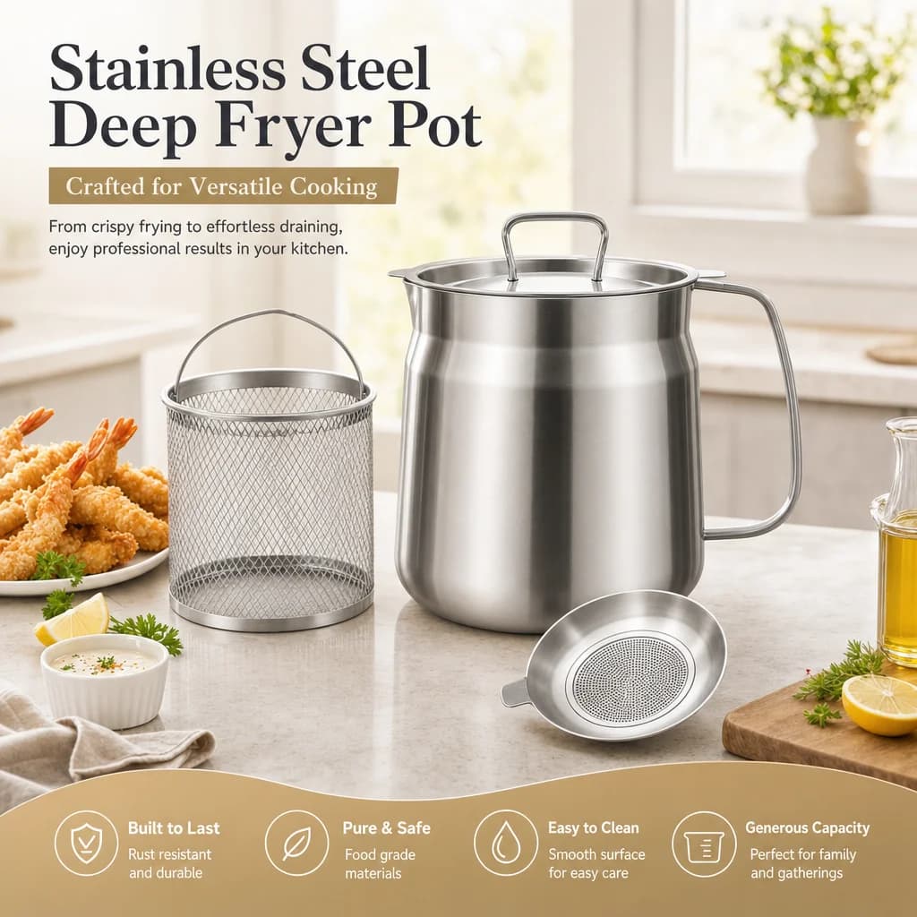 Pentola per Frittura Profonda in Acciaio Inox da 1,5L con Cestello e Colino per Olio, Pentola per Frittura in Acciaio Inox 304 per Patatine Fritte e Pollo