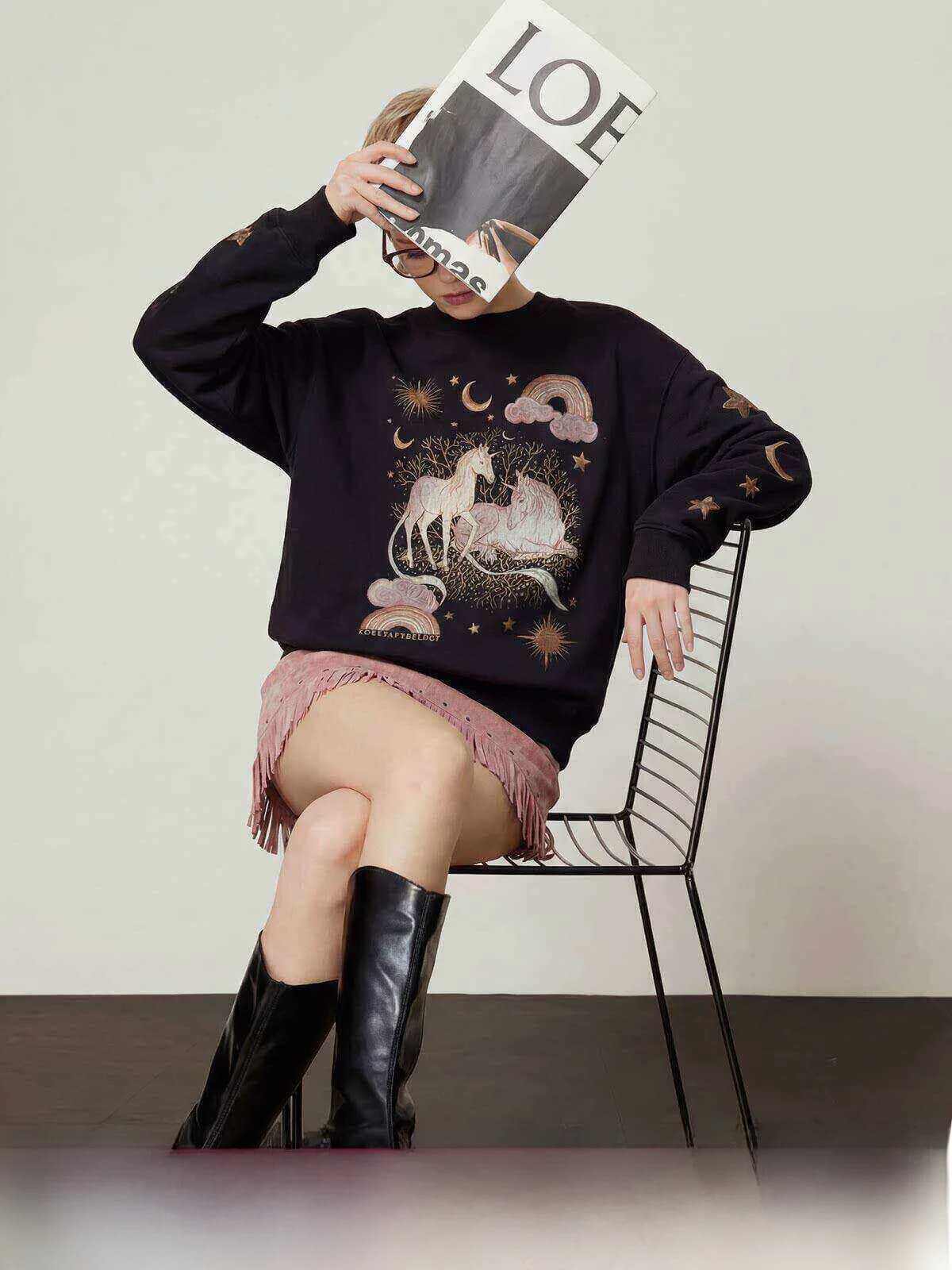 Felpa con cappuccio foderata in pile nero da donna, modello ampio e casual, Nuova Collezione Primavera 2026, Serie Double Jungle, produzione Sle Zhou Li Wu