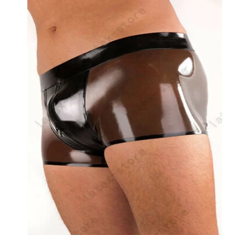 Pantaloncini attillati in lattice di gomma 3D neri con mutandine boxer intimo da uomo fetish nero trasparente su misura (senza cerniera)