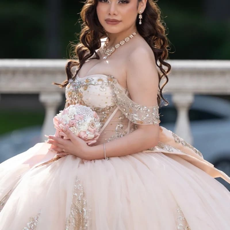Light Champagne Quinceanera Dress Glitter Crystal Decal Long tail off-shoulder Bow Vestidos De 15 Quinceanera Customize