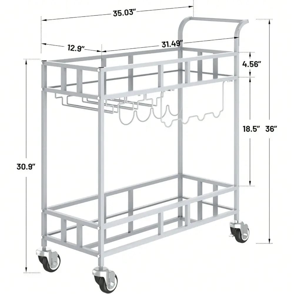 Carrello Bar a 2 Ripiani con Specchio e Ruote, Trolley Portatile per Servire Bevande e Vino, 4 Portabottiglie e 3 Portabicchieri, Design Moderno in Metallo