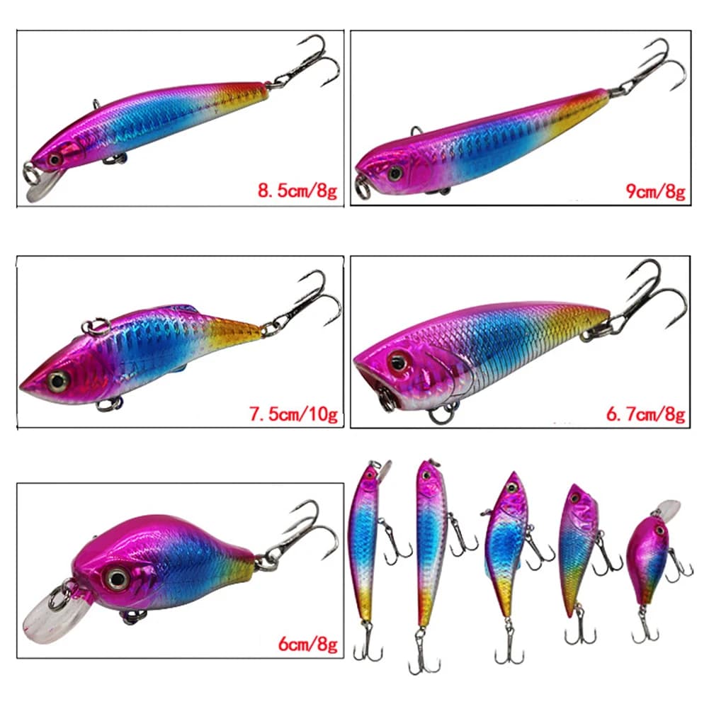 Hard Fishing Lure Set 5pcs Multicolored Minnow Pencil VIB Popper Crankbait for Lakes Rivers Coastal Use 8/9/11g