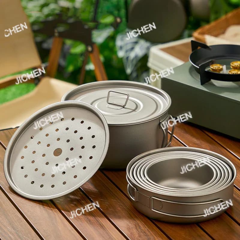 Nuovo Set di Posate da Campeggio in Titanio Puro, Set di Padelle per Escursionismo, Pentola Pieghevole Portatile