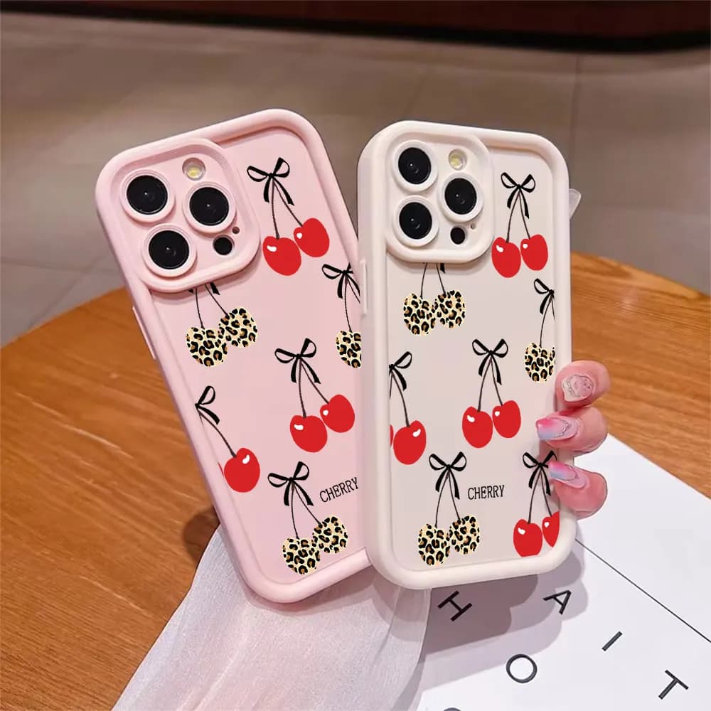 Soft TPU Phone Case For iPhone 17 Air 16 15 14 13 12 11 Pro Xs Max Mini 8 7 Plus 17e 16e XR Cherry Leopard Print Anti-Drop Cover