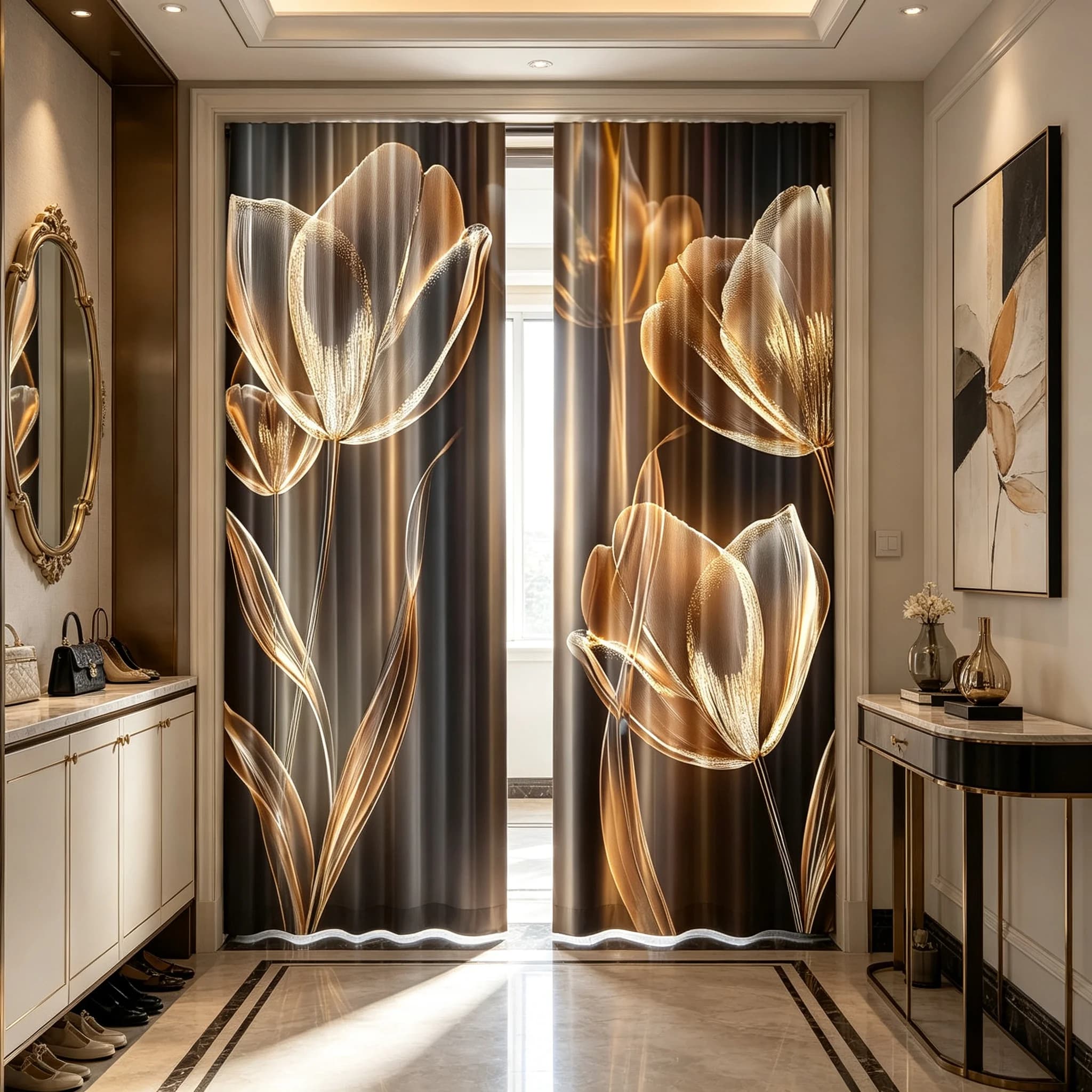 2PCS Digital Printed Curtains, Black Background Golden Flowers Luxury Floral, Window Drapes for Living Room Bedroom Home Decor