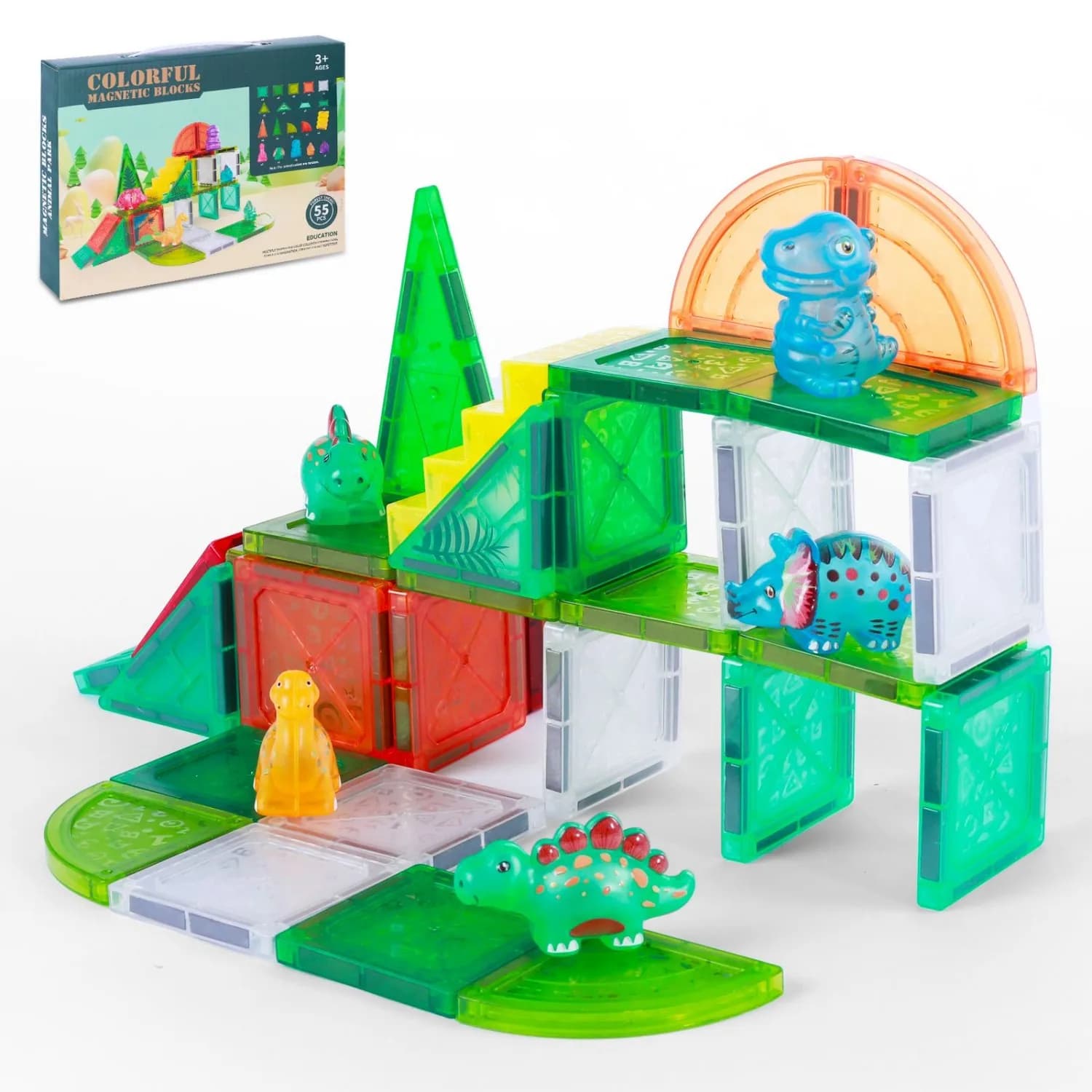 27/55 Dinosaurs Deluxe Magnetic Tiles | 3D Diamond Building Blocks | STEM Educational Toys for Boys Girls 3+ Years | Dinosaur To