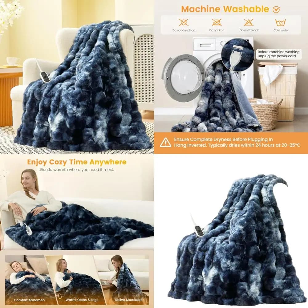 Coperta elettrica in pelliccia sintetica a bolle 50x60 con 8 livelli di calore, spegnimento automatico 2-8 ore, protezione dal surriscaldamento, certificata ETL, tie-dye