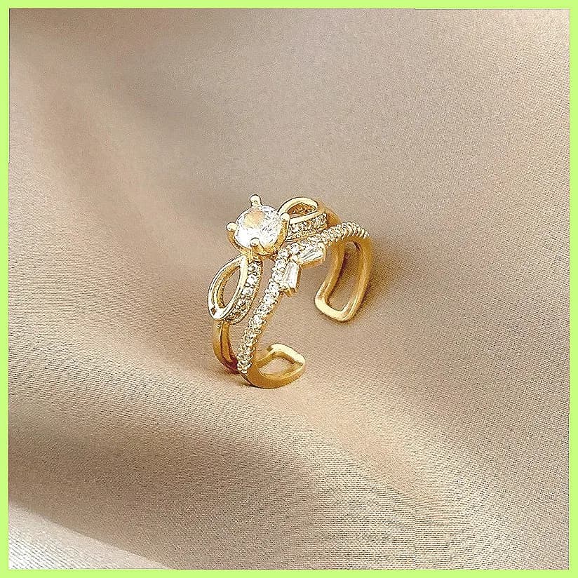 Anello a doppio strato a V geometrico con zirconi micro-incastonati, stile europeo-americano, alla moda, di lusso leggero, per donna