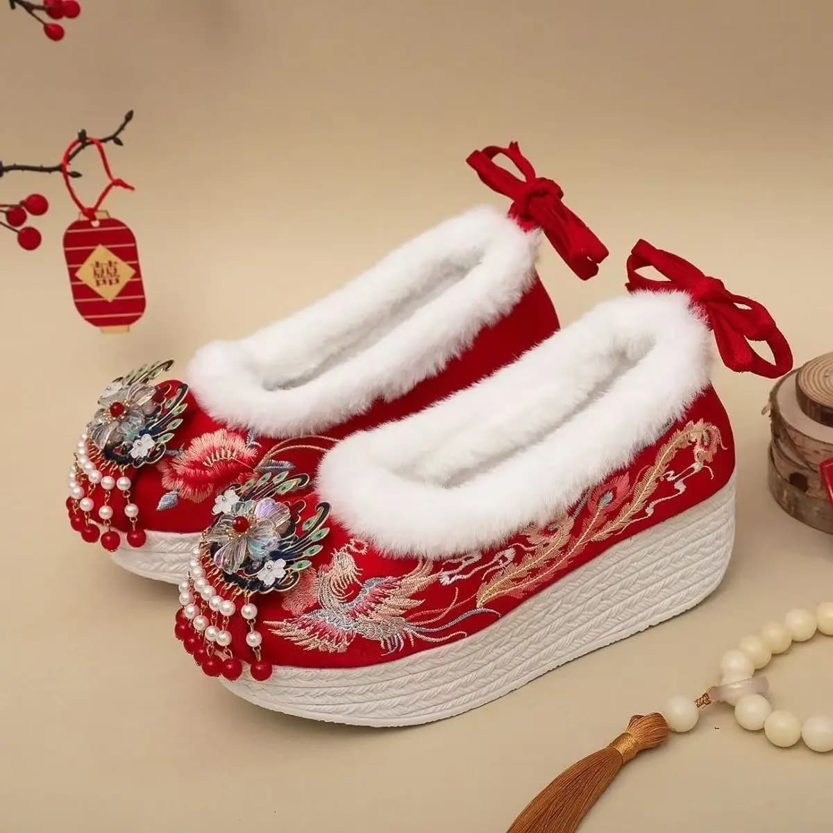 Nuove Scarpe Invernali da Donna con Zeppa Bassa, Ricamate in Cotone, Suola Spessa, Punta Tonda, Nappine, Stile Etnico, Scarpe da Sposa Rosse in Cotone