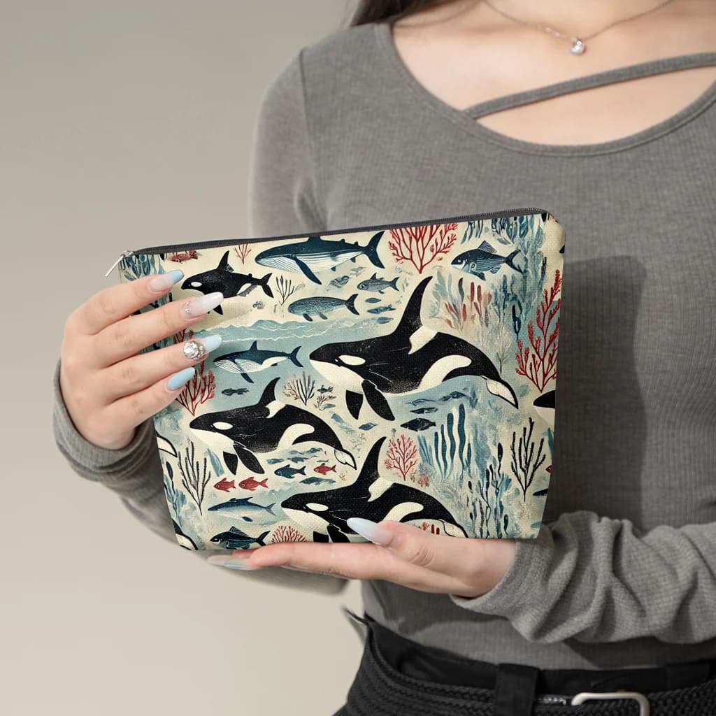 Borsa per il trucco con motivo marino a tema vita marina che nuota nell'oceano, chiusura con cerniera, multifunzionale per riporre cosmetici alla moda