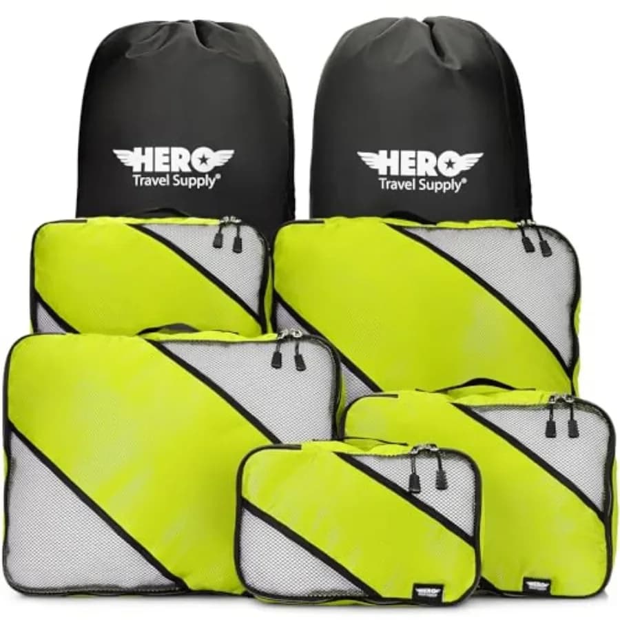Set di 5 cubi organizer da viaggio per bagaglio a mano, aereo, viaggio su strada: tessuto in nylon, colore nero, design a compressione con doppia cerniera