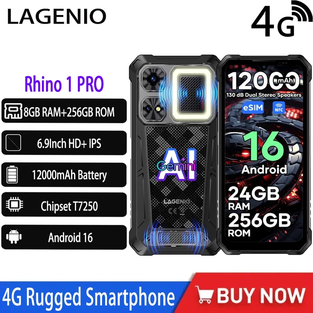 Nuovo Modello LAGENIO Rhino 1 PRO 4G Smartphone Robusto Android 16 8GB+256GB Telefono Cellulare Batteria 12000mAh Schermo 6.9 Pollici HD+ IPS 33W NFC