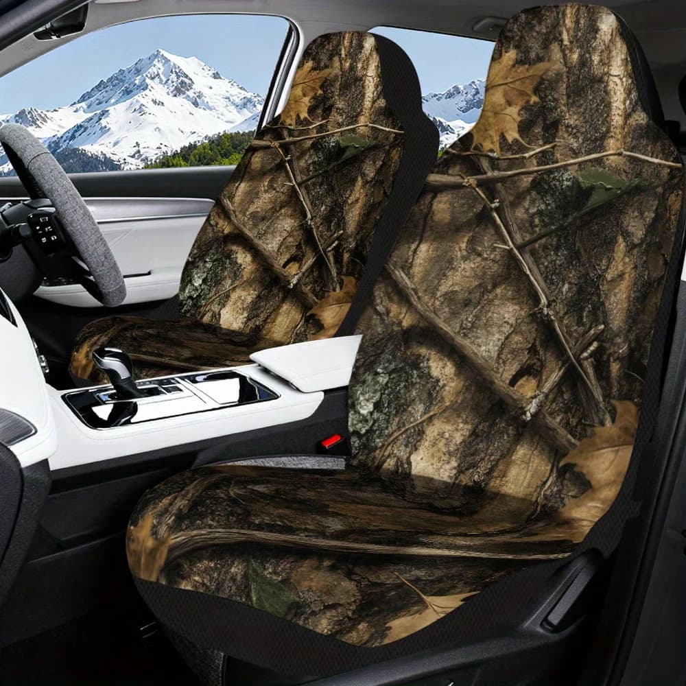 Set Of 2 Universal Car Seat Covers Featuring A Tree Bark And Vines Design, Perfect For Stylish Vehicle Interiors. Ideal For Ever