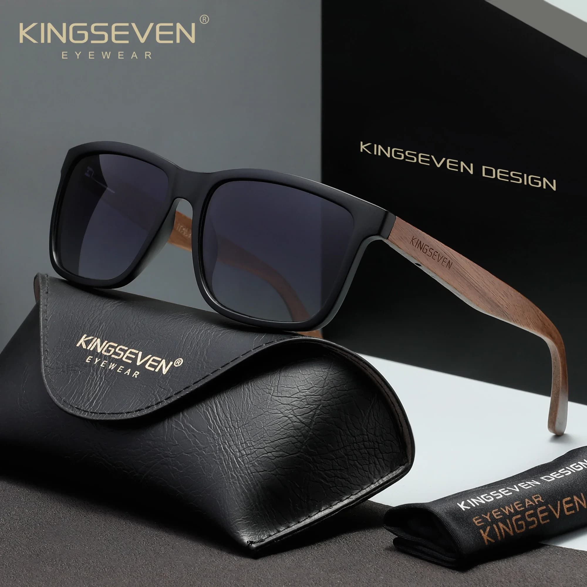 KINGSEVEN Walnut Sunglasses Men Women Polarized UV400 Lens Wood Square Frame Glasses Vintage Eyewear