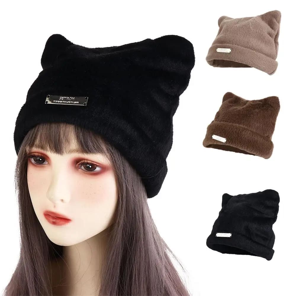 Cappello Invernale/Autunnale in Maglia con Orecchie di Gatto o Orso, Berretto in Lana Morbida e Peluche