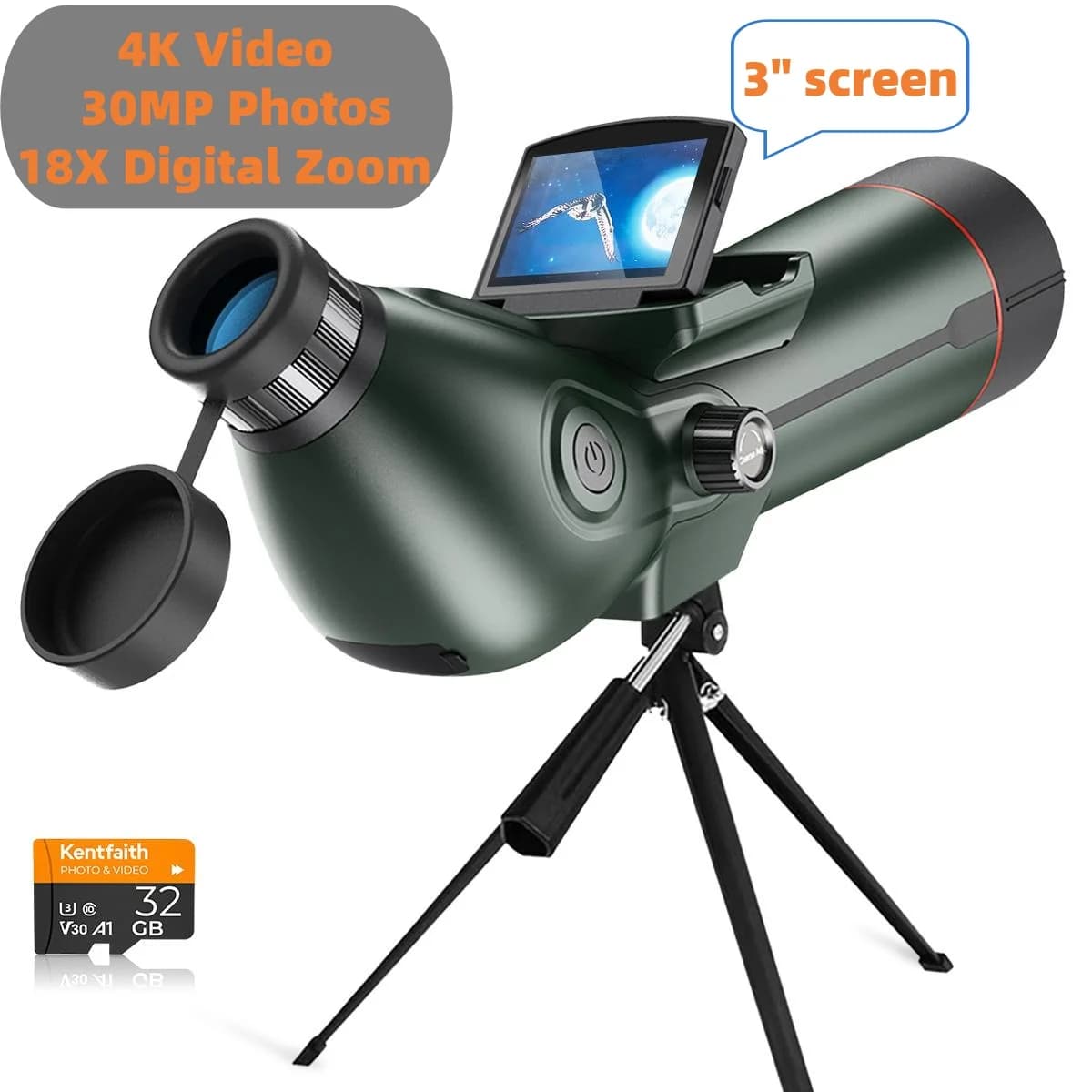 Telescopio monoculare con cannocchiale con fotocamera Video 4K Foto da 30 MP Display da 3 pollici per birdwatching Moon Star con treppiede Scheda da 32 GB