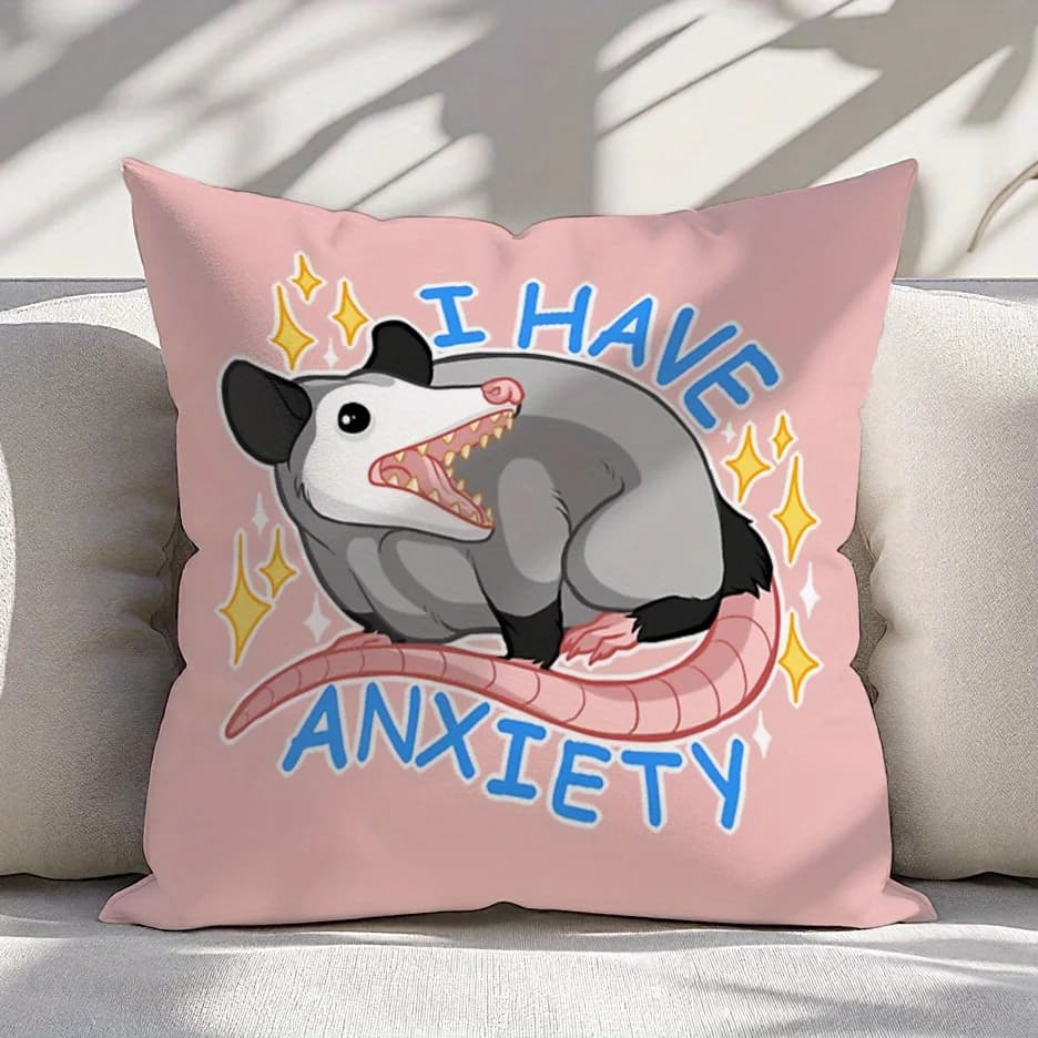 Pillow Cover "I Have Anxiety" Cute Possum with Stars Soft Polyester Zipper Machine Washable Sofa Bed Decor Mental Health Gift