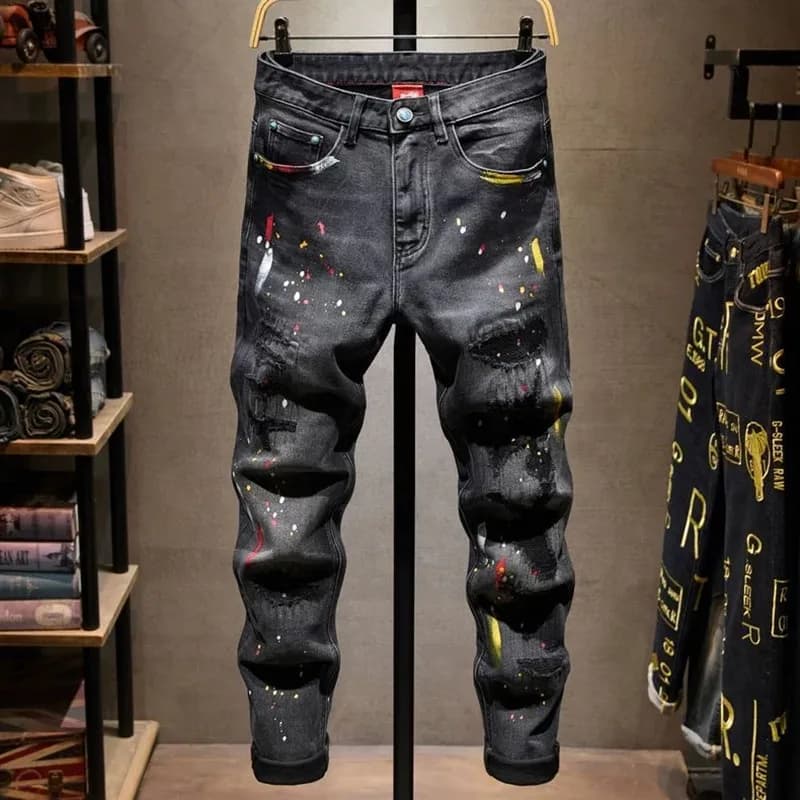 Autumn and Spring New Fashion Trend Printed Straight Leg Ripped Jeans Men's Casual Slim Fit Sports High Quality Denim Pants