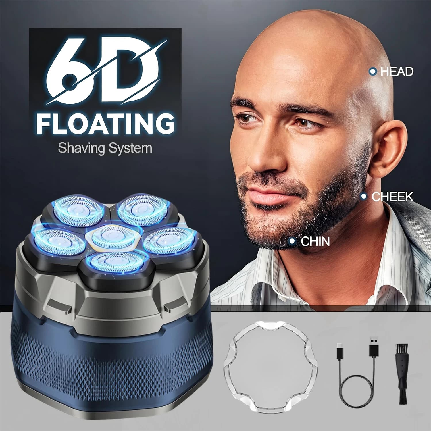 Rasoio Elettrico per Testa Calva con 6 Testine Magnetiche Flottanti, Ricaricabile, Display LED, Regolabarba e Tagliacapelli