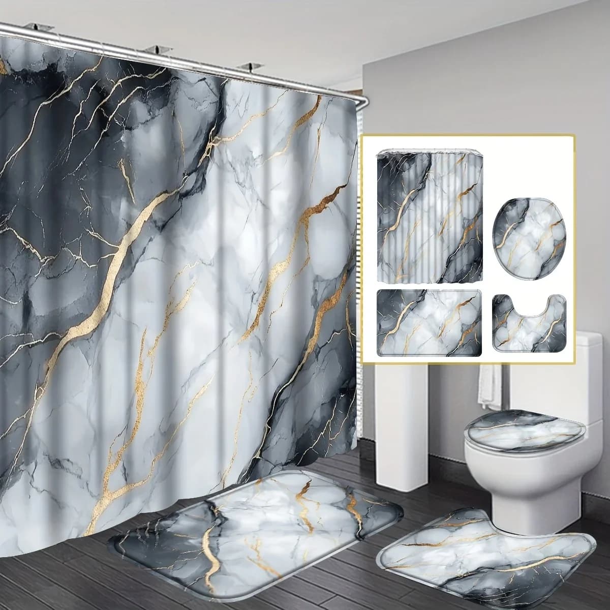 Set di tende da doccia in marmo di lusso nero grigio da 4 pezzi, set da bagno con texture glitter dorata, tenda da doccia moderna astratta con ganci
