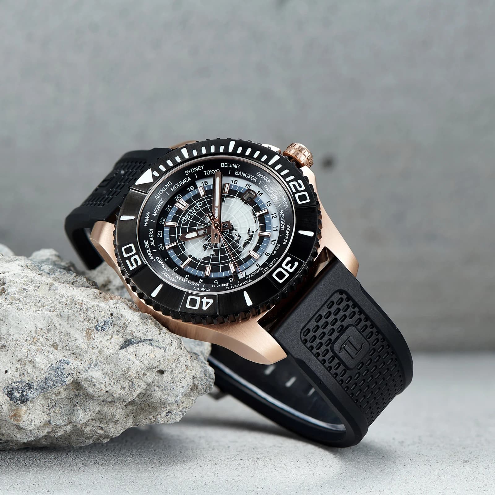 OBLVLO World Time Men orologi militari Dive orologio meccanico impermeabile Super luminoso orologi da uomo in oro rosa