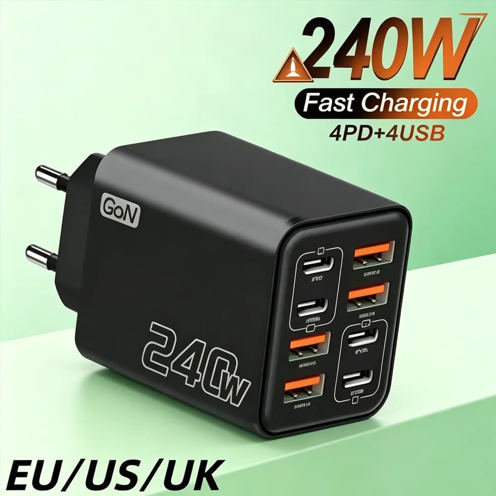 240W 8 in 1 USB C Fast Charger Desktop Phone Charger Adapter for iPhone 16 15 17 Samsung Xiaomi EU US Plug Type C Wall Charger