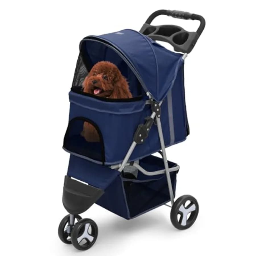 Passeggino per Cani e Gatti, Carrozzina Pieghevole per Animali Domestici con Portabicchieri e Vano Inferiore, Blu Navy, Supporta Animali fino a