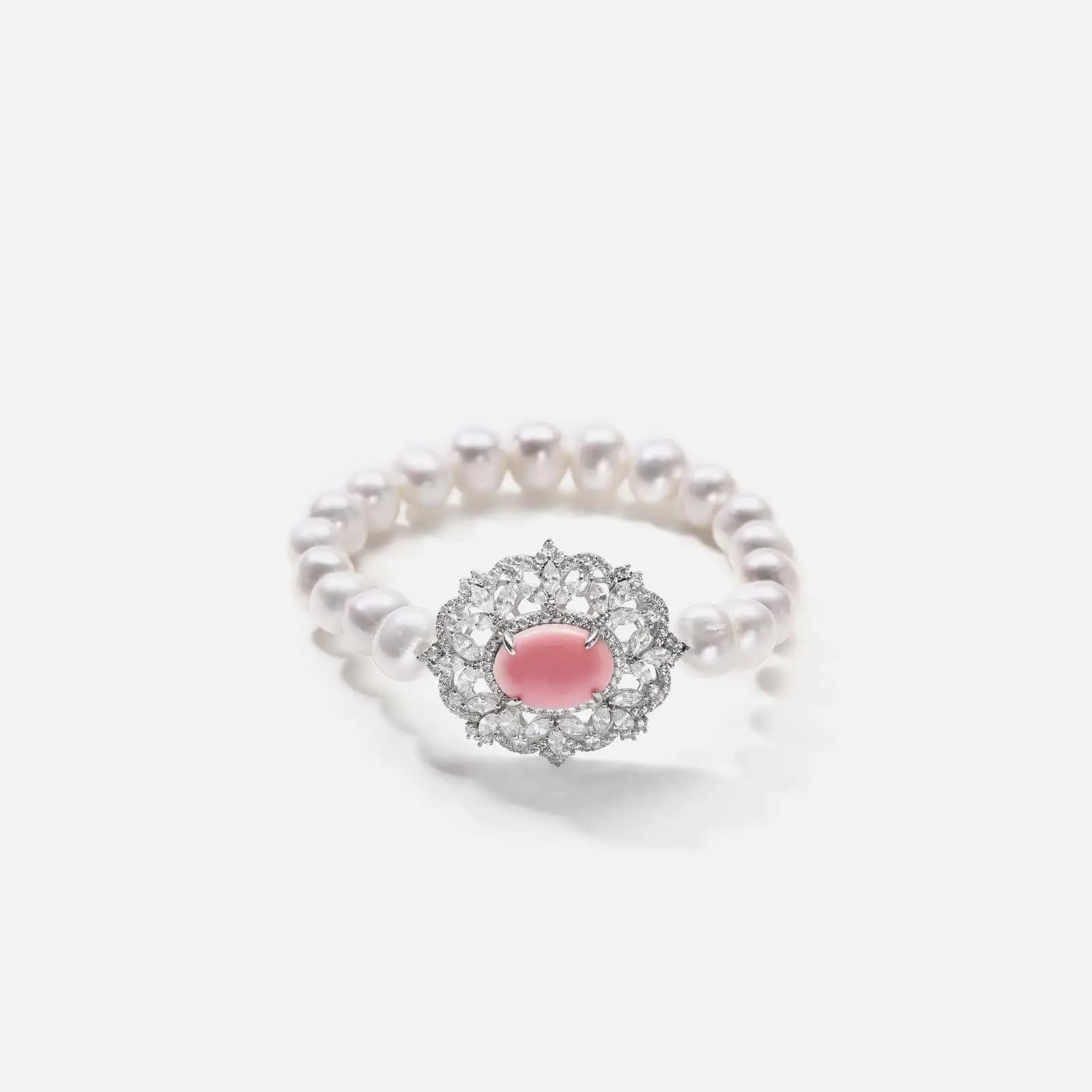 Bracciale di perle S925 Bracciale di perle rosa MOP da 8 mm in oro elettrolitico ad alto senso di lusso leggero con diamanti ad alto tenore di carbonio