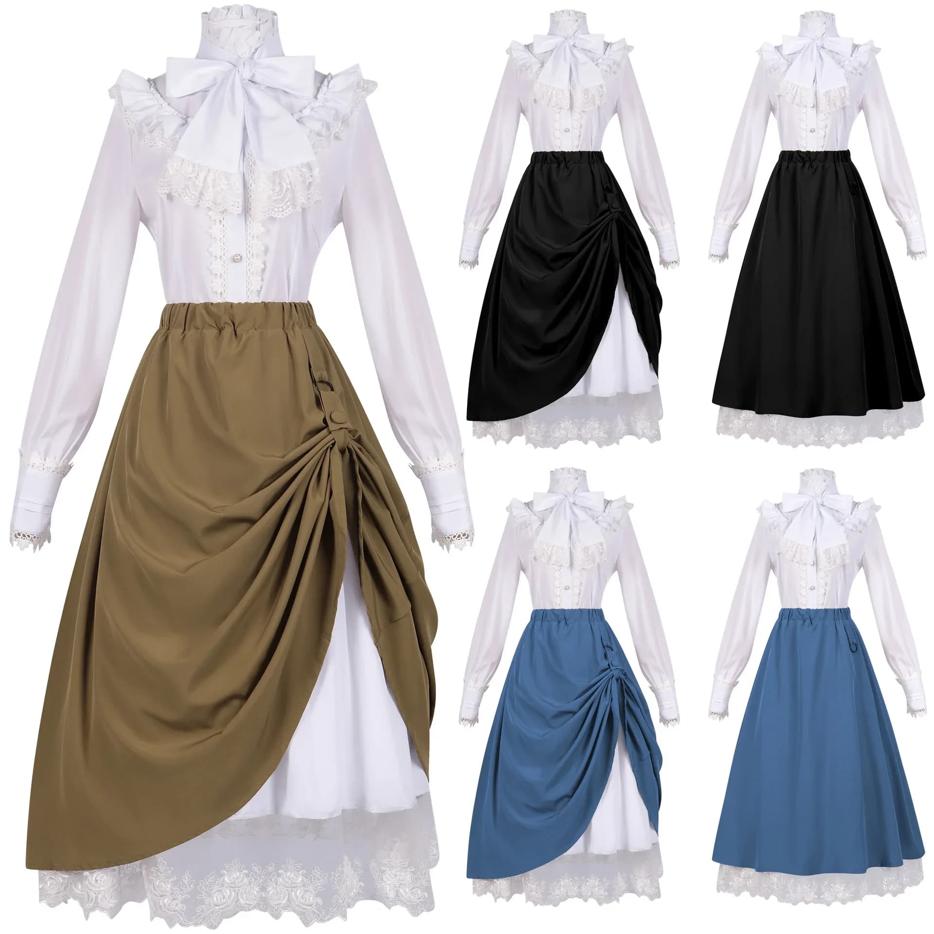 Costume da regina vittoriana da donna del XIX secolo, gonna fasciante a vita alta, camicie con volant, costume cosplay medievale, gonna altalena