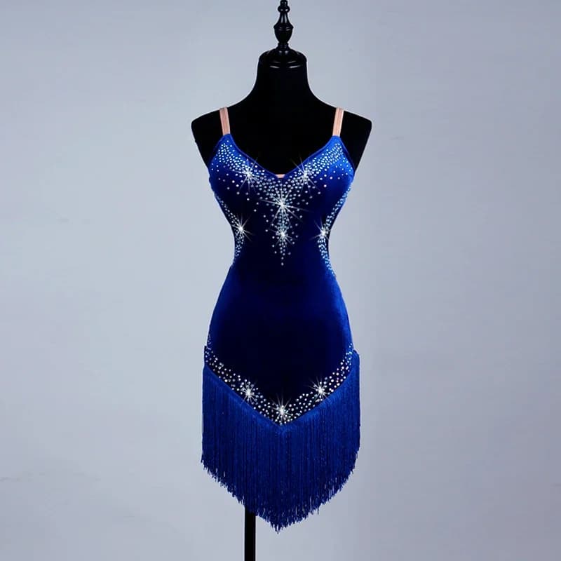 2024 New Latin Performance Dance Dress Women Sexy Outdoor Ball Party Fringe Skirt Sports Practice Wear Blue Line Suit Customized