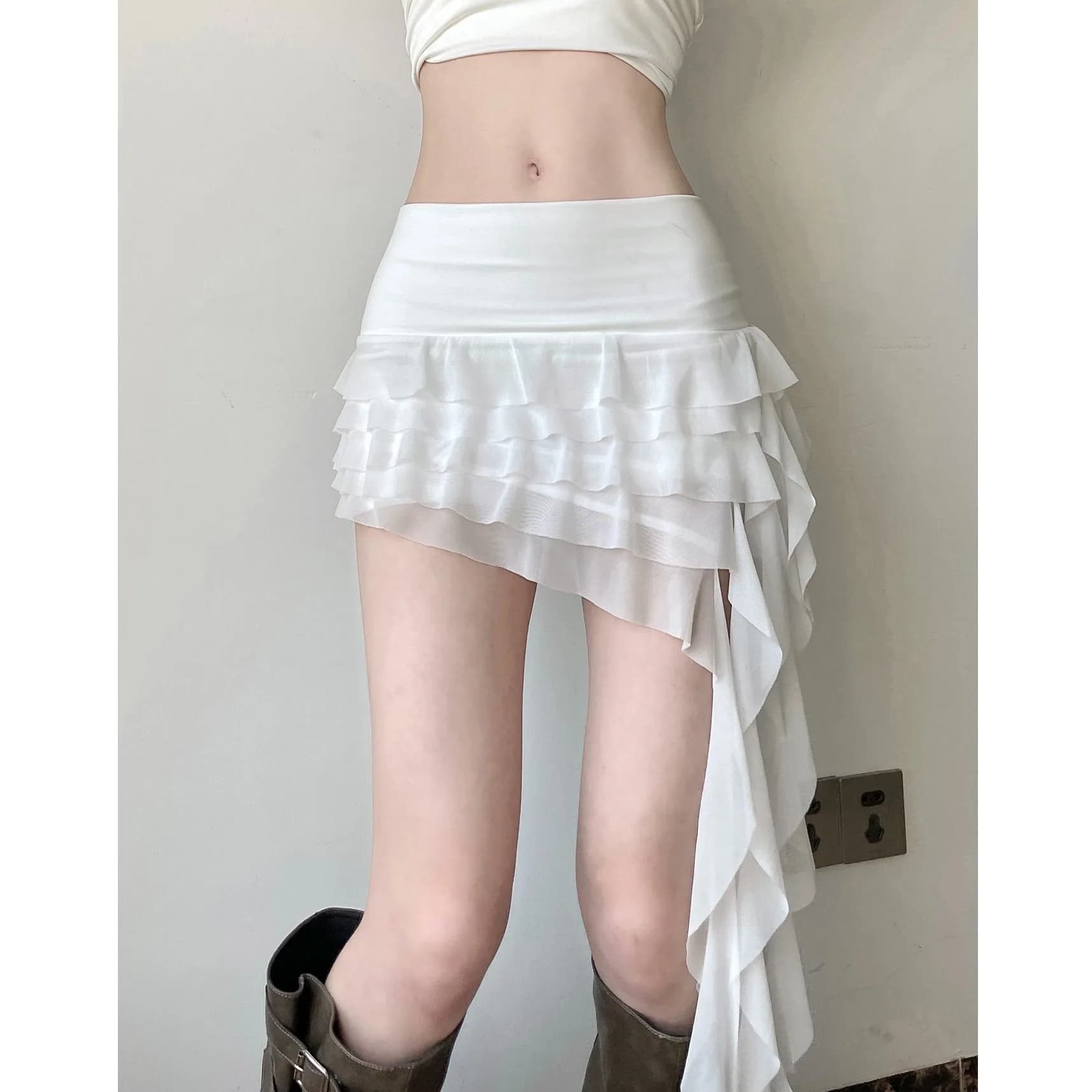 2025 Summer Women's Holiday Sle Asymmetrical Ruffle Hem ort Skirt Layered Me Pure Desire Belted Midi Skirt