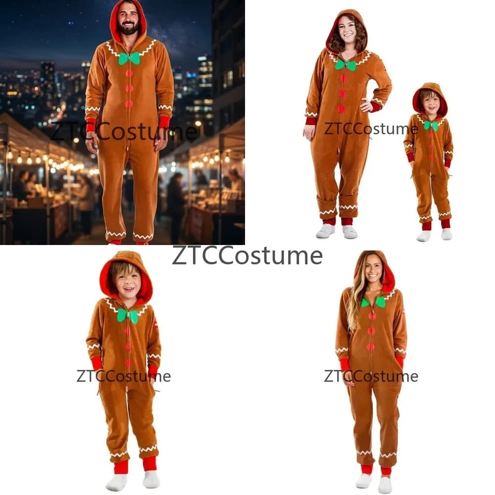 Christmas Gingerbread Man Costume Funny Adult Onesie Suit Pajamas for Women Men Kids Cosplay Holiday Party