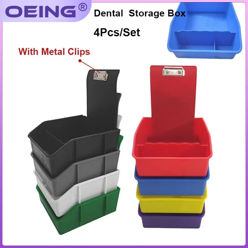 4 pcs storage box for dental sales work tray from laboratory colored tray pattern teeth divided with metal clip tools for dentistry