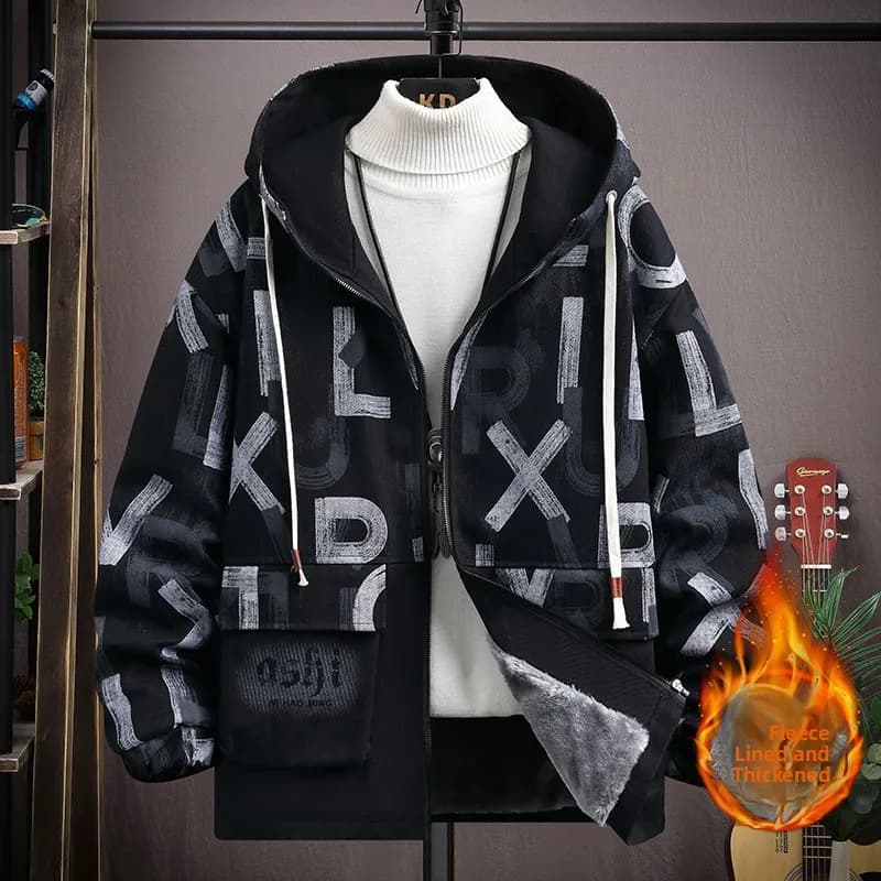 Giacca in denim con cappuccio da uomo, invernale, ampia, alla moda, con stampa lettering su tutto il corpo, giacca cool personalizzata, top giovanile alla moda, jeans giacca.